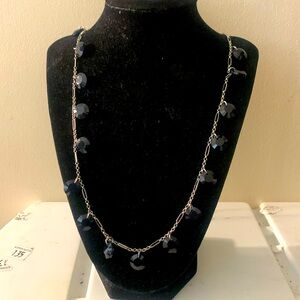Long Talbots necklace black stones, silver chain, 30 inches